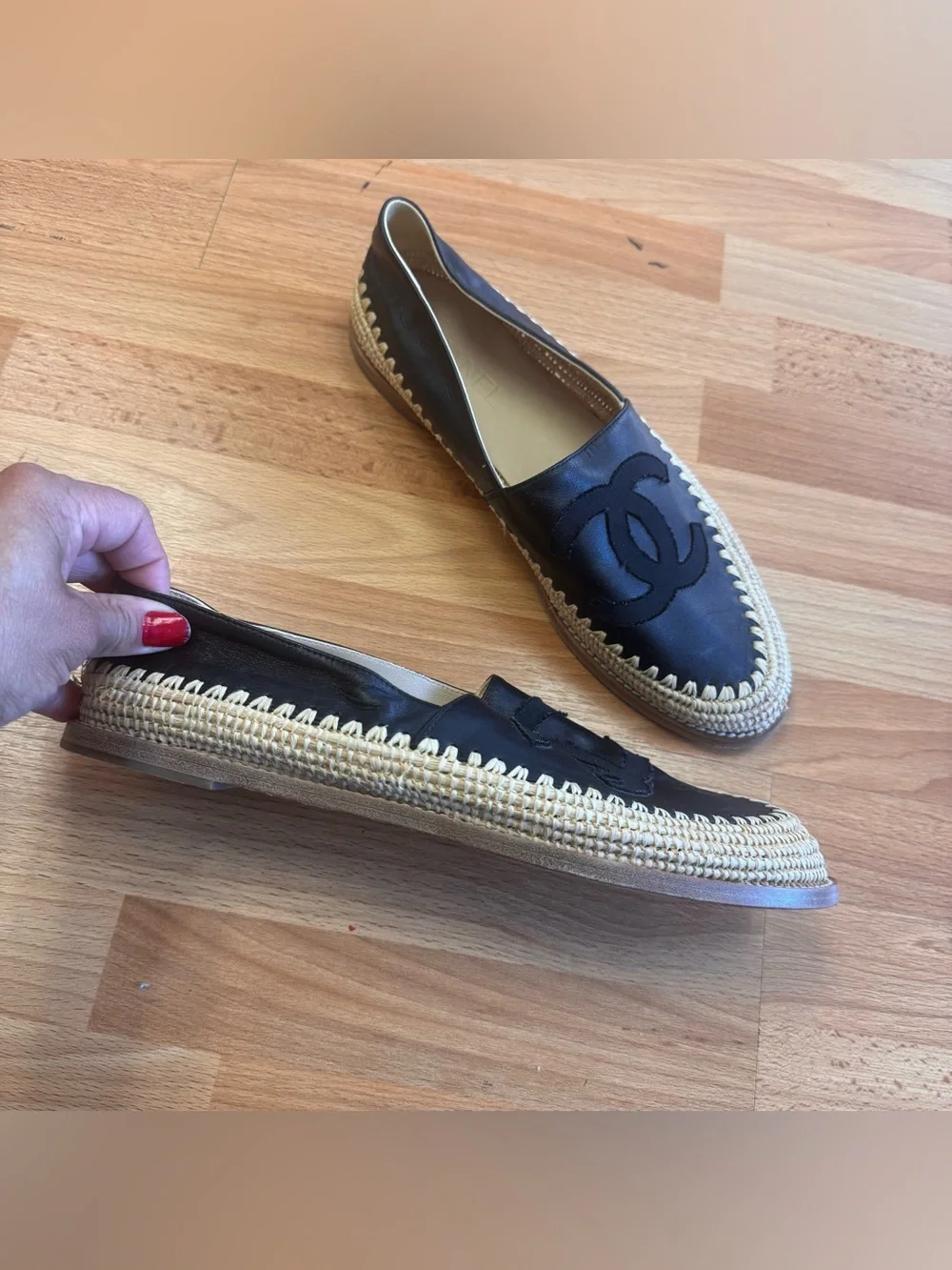 Chanel black lamb leather espadrilles interlocking logo loafers size 41/10-10.5